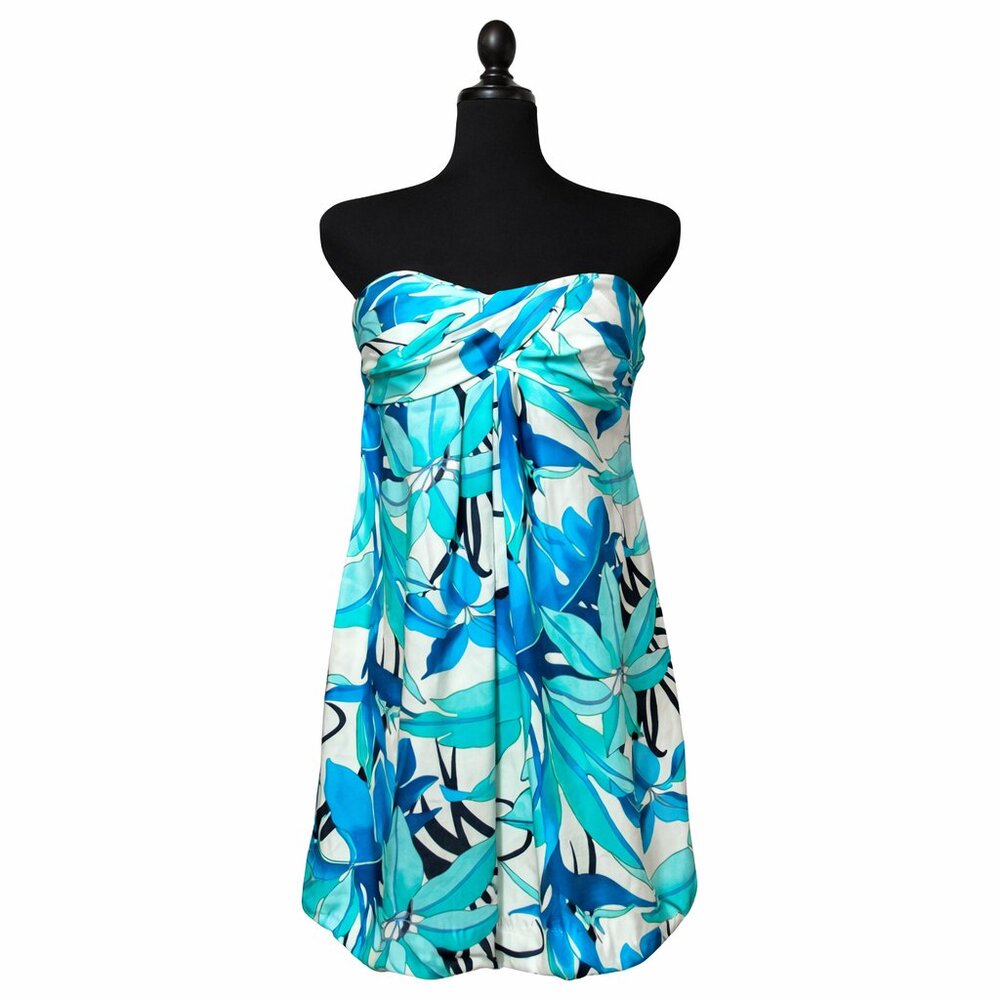 Cache Silk Floral Strapless Bubble Hem Mini Dress 6 Blue White Y2K Vintage Party